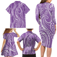 Polynesia Plumeria Lei Family Matching Long Sleeve Bodycon Dress and Hawaiian Shirt Periwinkle Curves Motif LT7 - Polynesian Pride
