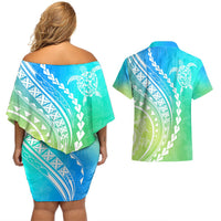 Polynesian Pride Couples Matching Off Shoulder Short Dress and Hawaiian Shirt Turtle Hibiscus Luxury Style - Gradient Blue LT7 - Polynesian Pride