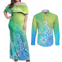 Polynesia Couples Matching Off Shoulder Maxi Dress and Long Sleeve Button Shirts Plumeria Blue Gradient Curves LT7 Blue Green - Polynesian Pride