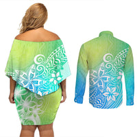 Polynesia Couples Matching Off Shoulder Short Dress and Long Sleeve Button Shirts Plumeria Blue Gradient Curves LT7 - Polynesian Pride