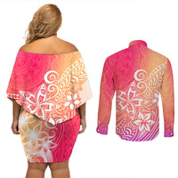 Polynesia Couples Matching Off Shoulder Short Dress and Long Sleeve Button Shirts Plumeria Pink Gradient Curves LT7 - Polynesian Pride