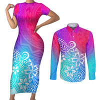 Polynesia Couples Matching Short Sleeve Bodycon Dress and Long Sleeve Button Shirts Plumeria Galaxy Gradient Curves LT7 Galaxy - Polynesian Pride