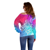Polynesia Off Shoulder Sweater Plumeria Galaxy Gradient Curves LT7 - Polynesian Pride