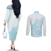 Polynesia Couples Matching Off The Shoulder Long Sleeve Dress and Long Sleeve Button Shirts Plumeria Turquoise Curves LT7 - Polynesian Pride