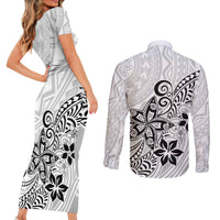 Polynesia Couples Matching Short Sleeve Bodycon Dress and Long Sleeve Button Shirts Plumeria White Curves LT7 - Polynesian Pride