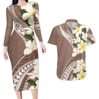 Aloha Hawaii Festive Couples Matching Long Sleeve Bodycon Dress and Hawaiian Shirt Frangipani Lace Classic - Beige LT7 Beige - Polynesian Pride