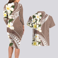 Aloha Hawaii Festive Couples Matching Long Sleeve Bodycon Dress and Hawaiian Shirt Frangipani Lace Classic - Beige LT7 - Polynesian Pride