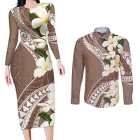 Aloha Hawaii Festive Couples Matching Long Sleeve Bodycon Dress and Long Sleeve Button Shirt Frangipani Lace Classic - Beige LT7 Beige - Polynesian Pride