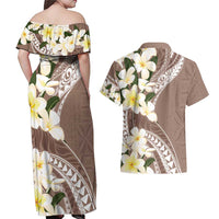 Aloha Hawaii Festive Couples Matching Off Shoulder Maxi Dress and Hawaiian Shirt Frangipani Lace Classic - Beige LT7 - Polynesian Pride