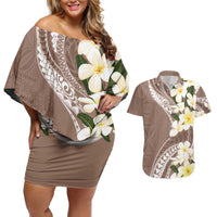 Aloha Hawaii Festive Couples Matching Off Shoulder Short Dress and Hawaiian Shirt Frangipani Lace Classic - Beige LT7 Beige - Polynesian Pride