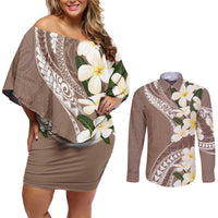 Aloha Hawaii Festive Couples Matching Off Shoulder Short Dress and Long Sleeve Button Shirt Frangipani Lace Classic - Beige LT7 Beige - Polynesian Pride