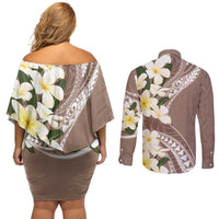 Aloha Hawaii Festive Couples Matching Off Shoulder Short Dress and Long Sleeve Button Shirt Frangipani Lace Classic - Beige LT7 - Polynesian Pride