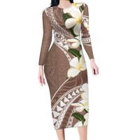 Aloha Hawaii Festive Family Matching Long Sleeve Bodycon Dress and Hawaiian Shirt Frangipani Lace Classic - Beige LT7 Mom's Dress Beige - Polynesian Pride