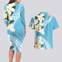 Aloha Hawaii Festive Couples Matching Long Sleeve Bodycon Dress and Hawaiian Shirt Frangipani Lace Classic - Turquoise LT7 - Polynesian Pride