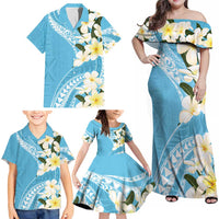 Aloha Hawaii Festive Family Matching Off Shoulder Maxi Dress and Hawaiian Shirt Frangipani Lace Classic - Turquoise LT7 - Polynesian Pride