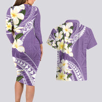 Aloha Hawaii Festive Couples Matching Long Sleeve Bodycon Dress and Hawaiian Shirt Frangipani Lace Classic - Lavender LT7 - Polynesian Pride