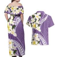 Aloha Hawaii Festive Couples Matching Off Shoulder Maxi Dress and Hawaiian Shirt Frangipani Lace Classic - Lavender LT7 - Polynesian Pride