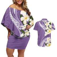 Aloha Hawaii Festive Couples Matching Off Shoulder Short Dress and Hawaiian Shirt Frangipani Lace Classic - Lavender LT7 Lavender - Polynesian Pride