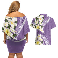 Aloha Hawaii Festive Couples Matching Off Shoulder Short Dress and Hawaiian Shirt Frangipani Lace Classic - Lavender LT7 - Polynesian Pride