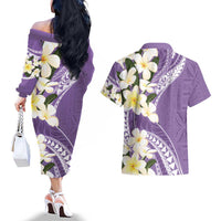Aloha Hawaii Festive Couples Matching Off The Shoulder Long Sleeve Dress and Hawaiian Shirt Frangipani Lace Classic - Lavender LT7 - Polynesian Pride
