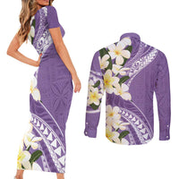 Aloha Hawaii Festive Couples Matching Short Sleeve Bodycon Dress and Long Sleeve Button Shirt Frangipani Lace Classic - Lavender LT7 - Polynesian Pride