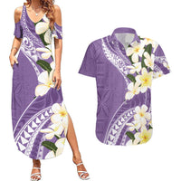 Aloha Hawaii Festive Couples Matching Summer Maxi Dress and Hawaiian Shirt Frangipani Lace Classic - Lavender LT7 Lavender - Polynesian Pride