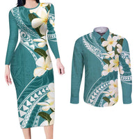 Aloha Hawaii Festive Couples Matching Long Sleeve Bodycon Dress and Long Sleeve Button Shirt Frangipani Lace Classic - Teal LT7 Teal - Polynesian Pride
