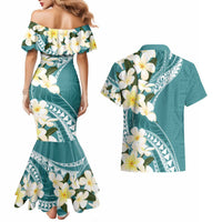 Aloha Hawaii Festive Couples Matching Mermaid Dress and Hawaiian Shirt Frangipani Lace Classic - Teal LT7 - Polynesian Pride