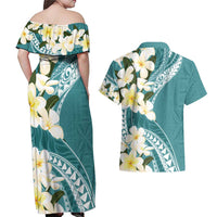 Aloha Hawaii Festive Couples Matching Off Shoulder Maxi Dress and Hawaiian Shirt Frangipani Lace Classic - Teal LT7 - Polynesian Pride