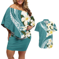 Aloha Hawaii Festive Couples Matching Off Shoulder Short Dress and Hawaiian Shirt Frangipani Lace Classic - Teal LT7 Teal - Polynesian Pride
