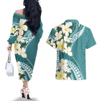 Aloha Hawaii Festive Couples Matching Off The Shoulder Long Sleeve Dress and Hawaiian Shirt Frangipani Lace Classic - Teal LT7 - Polynesian Pride