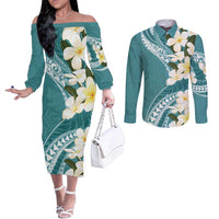 Aloha Hawaii Festive Couples Matching Off The Shoulder Long Sleeve Dress and Long Sleeve Button Shirt Frangipani Lace Classic - Teal LT7 Teal - Polynesian Pride
