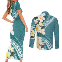 Aloha Hawaii Festive Couples Matching Short Sleeve Bodycon Dress and Long Sleeve Button Shirt Frangipani Lace Classic - Teal LT7 - Polynesian Pride