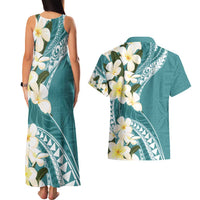 Aloha Hawaii Festive Couples Matching Tank Maxi Dress and Hawaiian Shirt Frangipani Lace Classic - Teal LT7 - Polynesian Pride