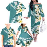 Aloha Hawaii Festive Family Matching Off The Shoulder Long Sleeve Dress and Hawaiian Shirt Frangipani Lace Classic - Teal LT7 - Polynesian Pride