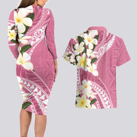 Aloha Hawaii Festive Couples Matching Long Sleeve Bodycon Dress and Hawaiian Shirt Frangipani Lace Classic - Rosy LT7 - Polynesian Pride