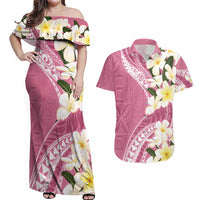 Aloha Hawaii Festive Couples Matching Off Shoulder Maxi Dress and Hawaiian Shirt Frangipani Lace Classic - Rosy LT7 Pink - Polynesian Pride