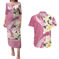 Aloha Hawaii Festive Couples Matching Puletasi and Hawaiian Shirt Frangipani Lace Classic - Rosy LT7 Pink - Polynesian Pride