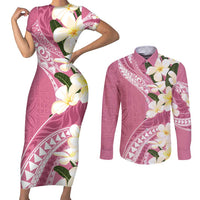 Aloha Hawaii Festive Couples Matching Short Sleeve Bodycon Dress and Long Sleeve Button Shirt Frangipani Lace Classic - Rosy LT7 Pink - Polynesian Pride
