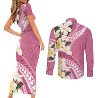 Aloha Hawaii Festive Couples Matching Short Sleeve Bodycon Dress and Long Sleeve Button Shirt Frangipani Lace Classic - Rosy LT7 - Polynesian Pride