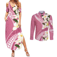Aloha Hawaii Festive Couples Matching Summer Maxi Dress and Long Sleeve Button Shirt Frangipani Lace Classic - Rosy LT7 Pink - Polynesian Pride