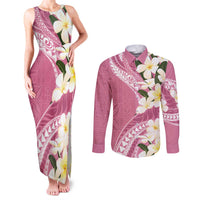 Aloha Hawaii Festive Couples Matching Tank Maxi Dress and Long Sleeve Button Shirt Frangipani Lace Classic - Rosy LT7 Pink - Polynesian Pride