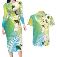 Aloha Hawaii Festive Couples Matching Long Sleeve Bodycon Dress and Hawaiian Shirt Frangipani Lace Classic - Summer Vibes LT7 Blue Green - Polynesian Pride