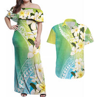 Aloha Hawaii Festive Couples Matching Off Shoulder Maxi Dress and Hawaiian Shirt Frangipani Lace Classic - Summer Vibes LT7 Blue Green - Polynesian Pride