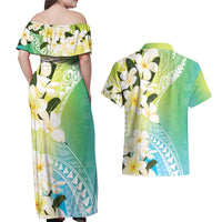 Aloha Hawaii Festive Couples Matching Off Shoulder Maxi Dress and Hawaiian Shirt Frangipani Lace Classic - Summer Vibes LT7 - Polynesian Pride