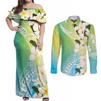 Aloha Hawaii Festive Couples Matching Off Shoulder Maxi Dress and Long Sleeve Button Shirt Frangipani Lace Classic - Summer Vibes LT7 Blue Green - Polynesian Pride