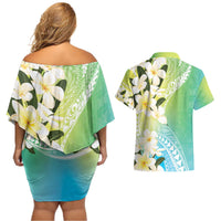 Aloha Hawaii Festive Couples Matching Off Shoulder Short Dress and Hawaiian Shirt Frangipani Lace Classic - Summer Vibes LT7 - Polynesian Pride
