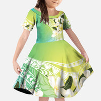 Aloha Hawaii Festive Family Matching Off Shoulder Maxi Dress and Hawaiian Shirt Frangipani Lace Classic - Summer Vibes LT7 Daughter's Dress Blue Green - Polynesian Pride