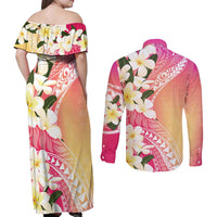 Aloha Hawaii Festive Couples Matching Off Shoulder Maxi Dress and Long Sleeve Button Shirt Frangipani Lace Classic - Spring Vibes