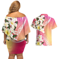 Aloha Hawaii Festive Couples Matching Off Shoulder Short Dress and Hawaiian Shirt Frangipani Lace Classic - Spring Vibes LT7 - Polynesian Pride